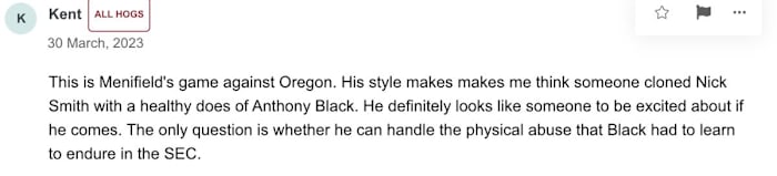 A screen shot about potential Washington transfer Keyon Menifield's style of play from the allHogs Hog Feed.